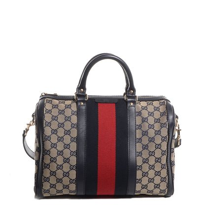 Gucci Monogram Selleria Calfskin Vintage Web Medium Boston Beige Blue 1 of 7
