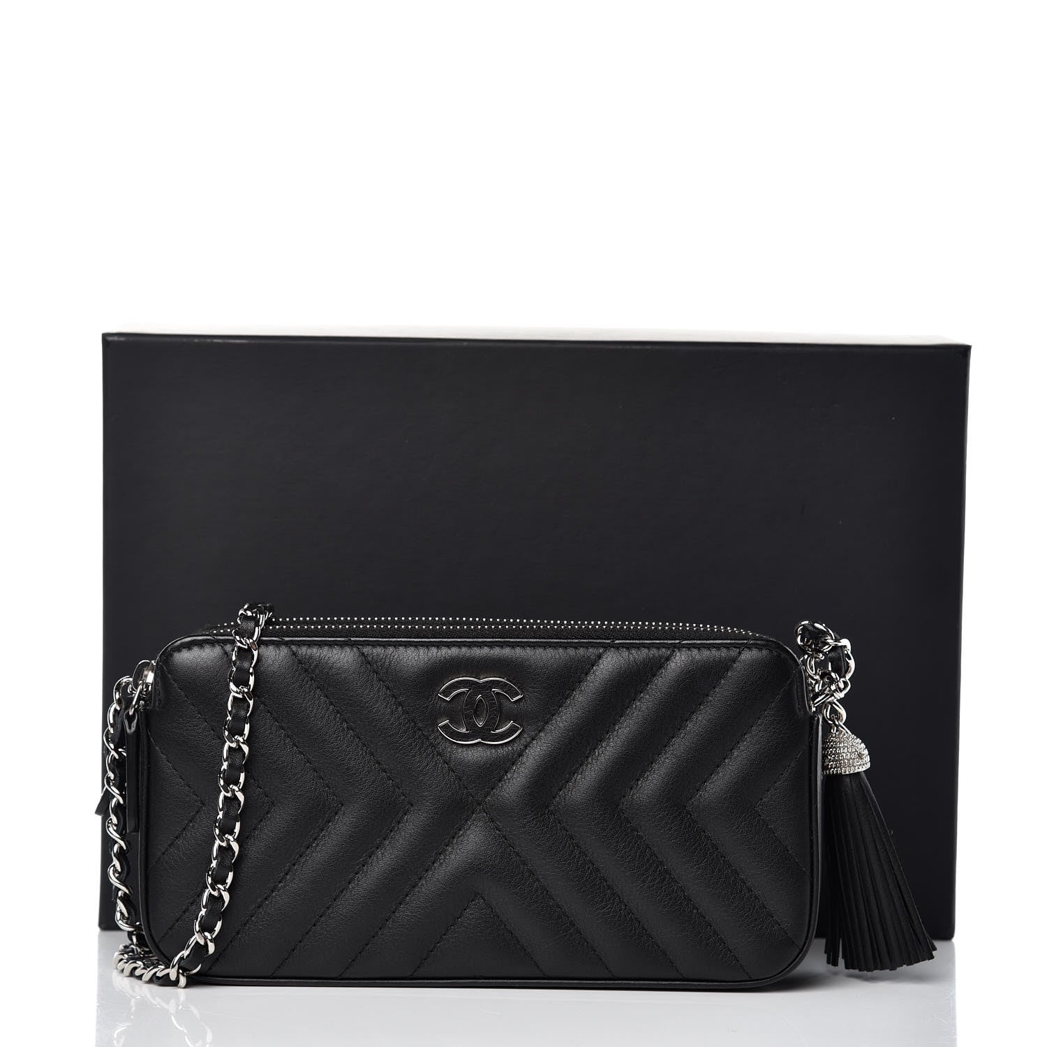 Chanel Calfskin Chevron Quilted Tassel Clutch With Chain Black 9 of 10