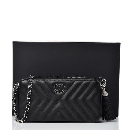 Chanel Calfskin Chevron Quilted Tassel Clutch With Chain Black 9 of 10