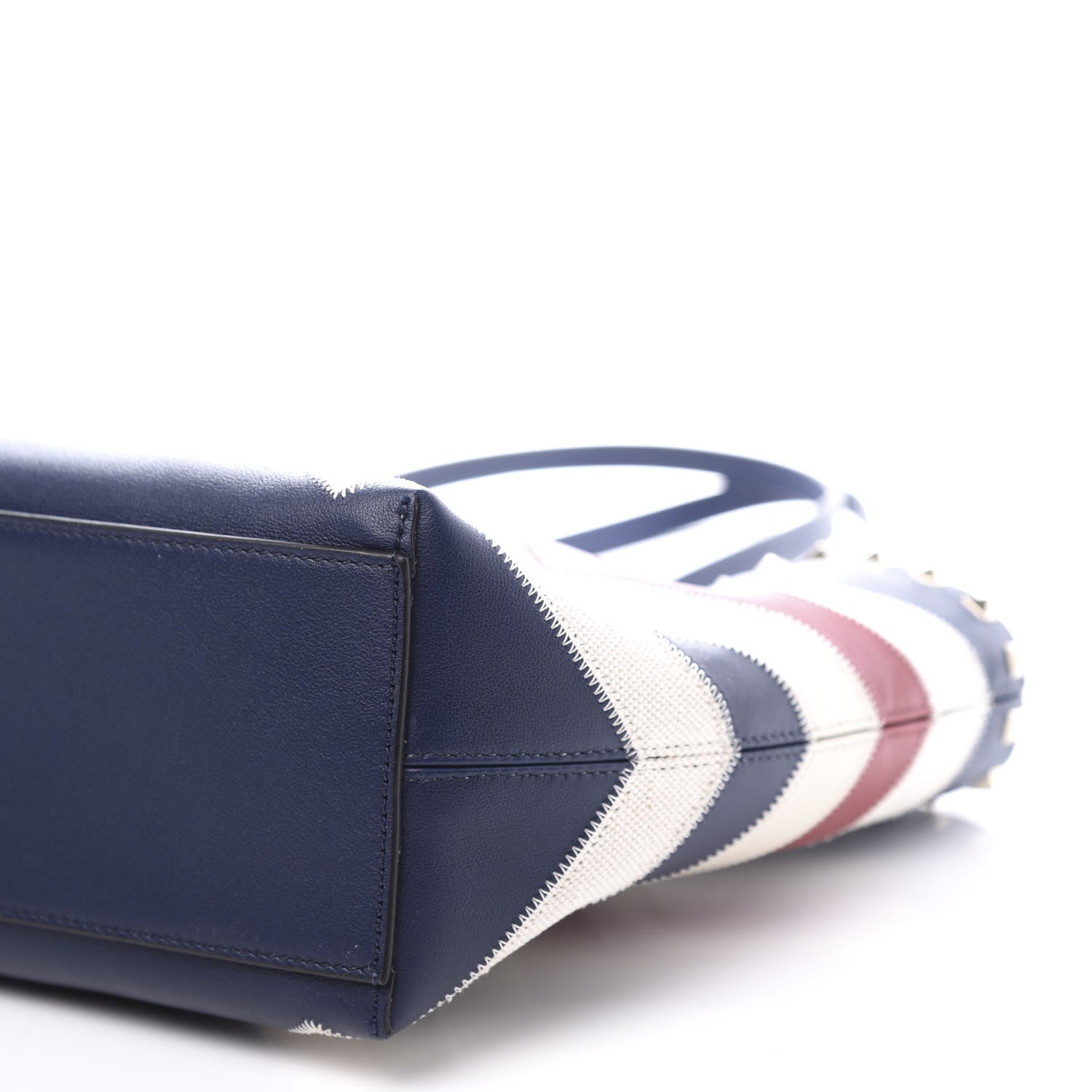 Valentino Garavani Calfskin Canvas Chevron Inlay Small Rockstud Shoulder Tote Blue Red White 7 of 8