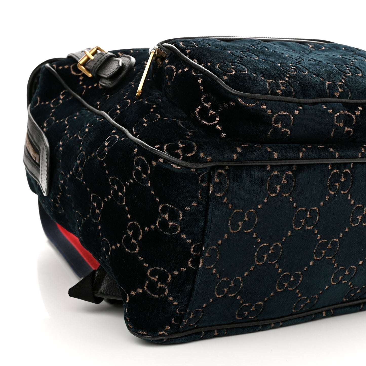 Velvet GG Monogram Textured Calfskin Web Small Double Buckle Backpack Blue Beige Black
