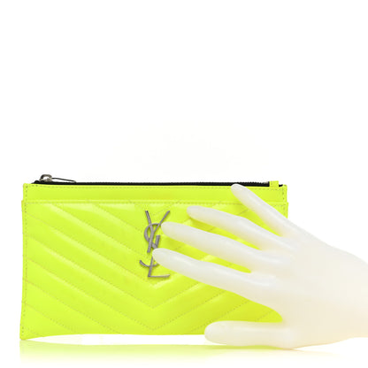 Saint Laurent Patent Grain De Poudre Matelasse Chevron Monogram Bill Pouch Neon Yellow 2 of 13