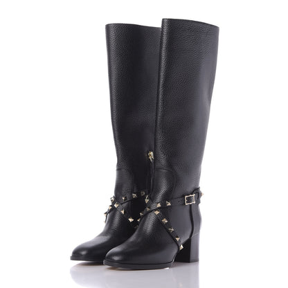 Valentino Garavani Pebbled Calfskin Rockstud Knee High Block Heel 60mm Boots 36.5 Black 2 of 7