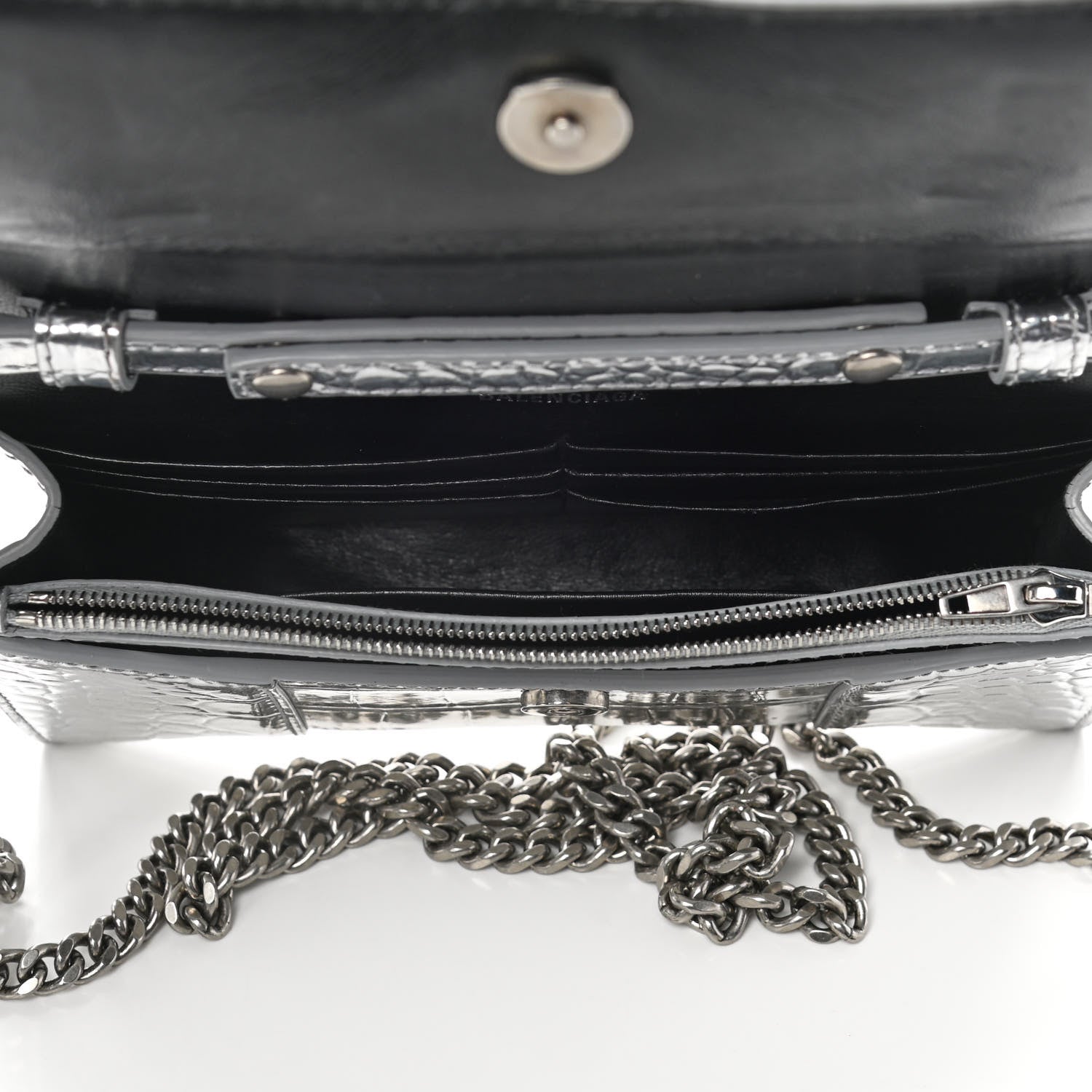Balenciaga Metallic Calfskin Crocodile Embossed Hourglass Chain Bag Silver 5 of 10