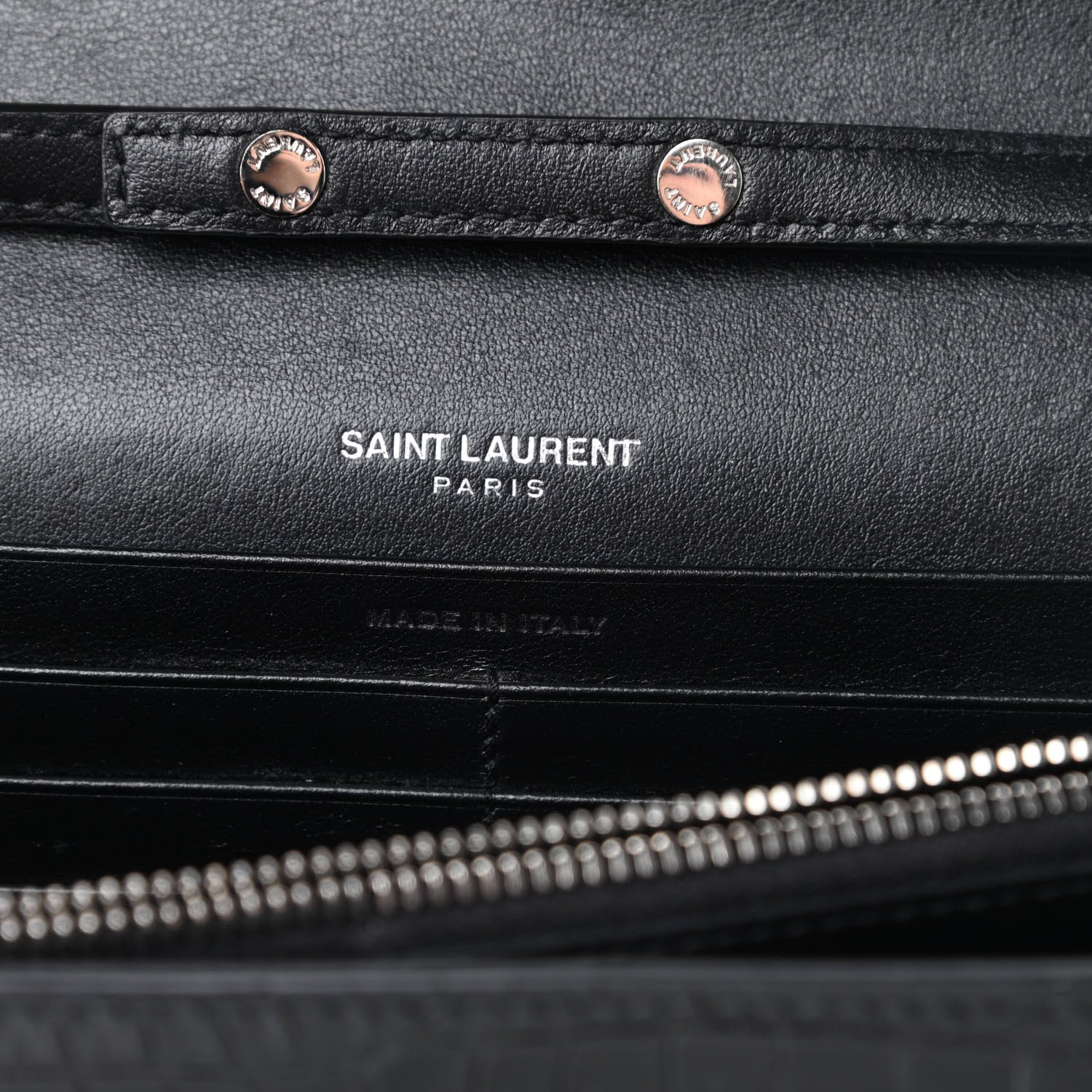 Saint Laurent Calfskin Crocodile Embossed Monogram Chain Wallet Black 6 of 15