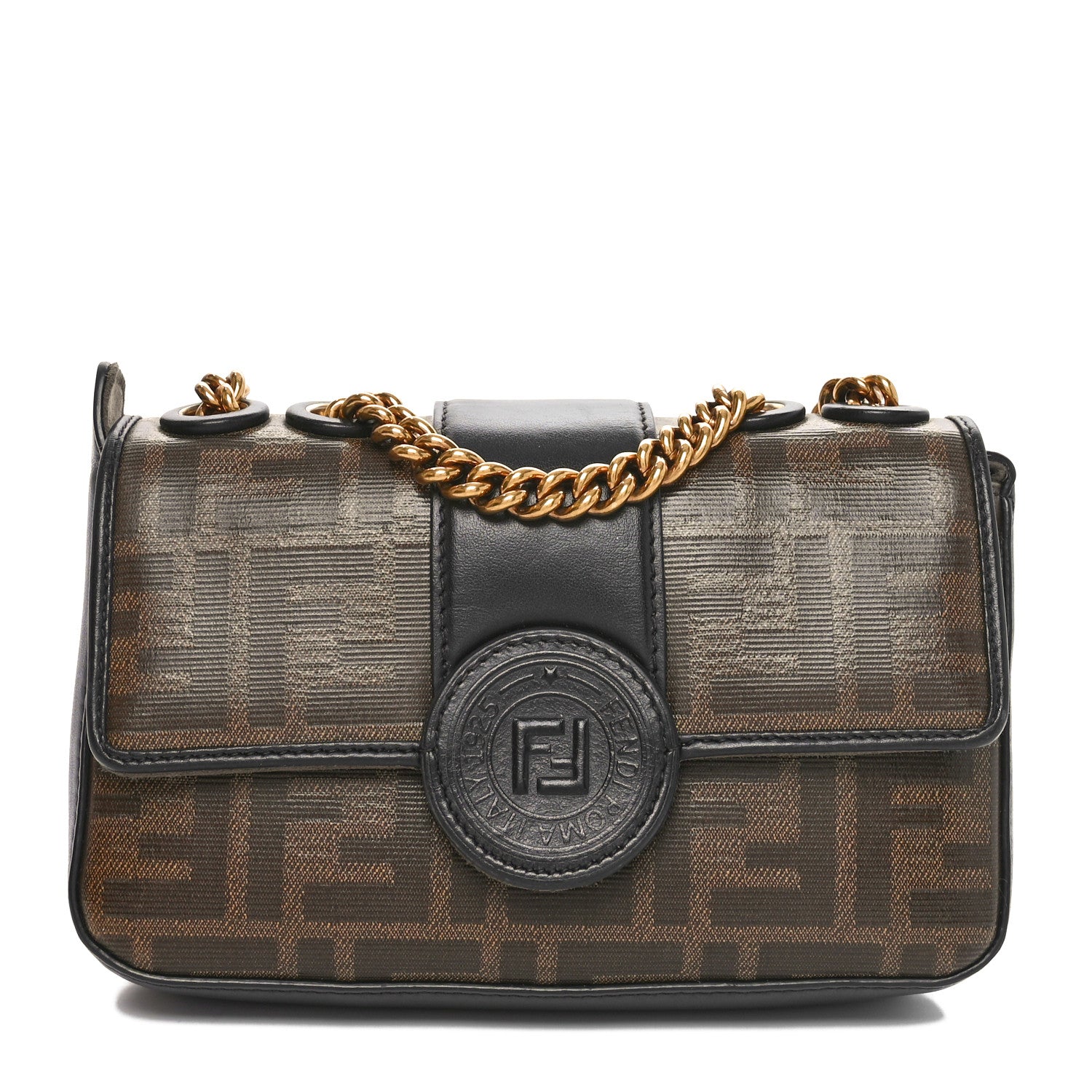 Fendi Glazed Fabric Vitello Century FF 1974 Stamp Patch Mini Double F Crossbody Bag Mogano Panna Black 1 of 11