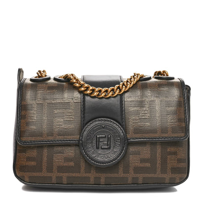 Fendi Glazed Fabric Vitello Century FF 1974 Stamp Patch Mini Double F Crossbody Bag Mogano Panna Black 1 of 11