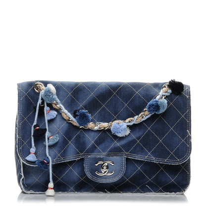 Chanel Denim Quilted Jumbo Pompom Flap Dark Blue 1 of 9