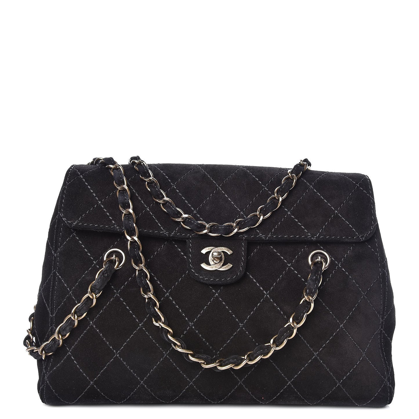 Suede Diamond Stitched Flap Bag Black
