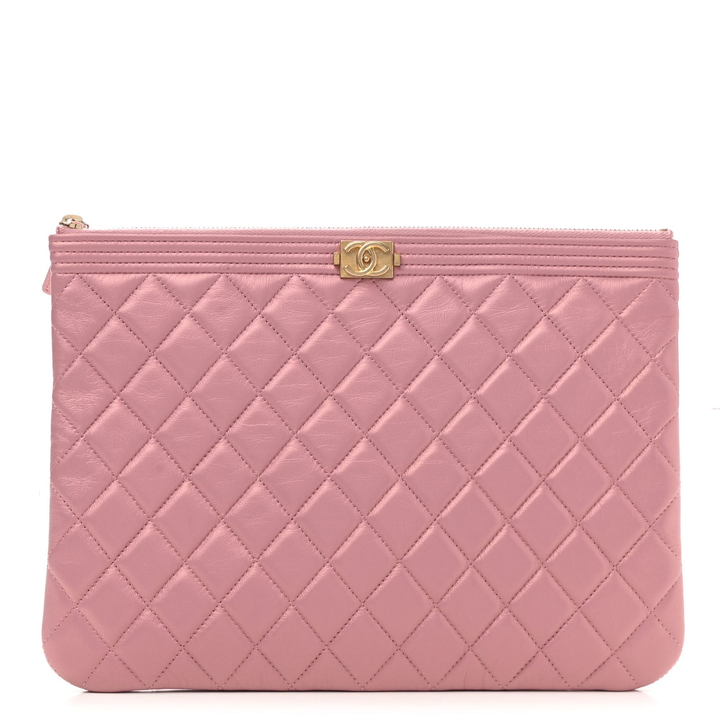 Metallic Lambskin Quilted Medium Boy Cosmetic Case Pink