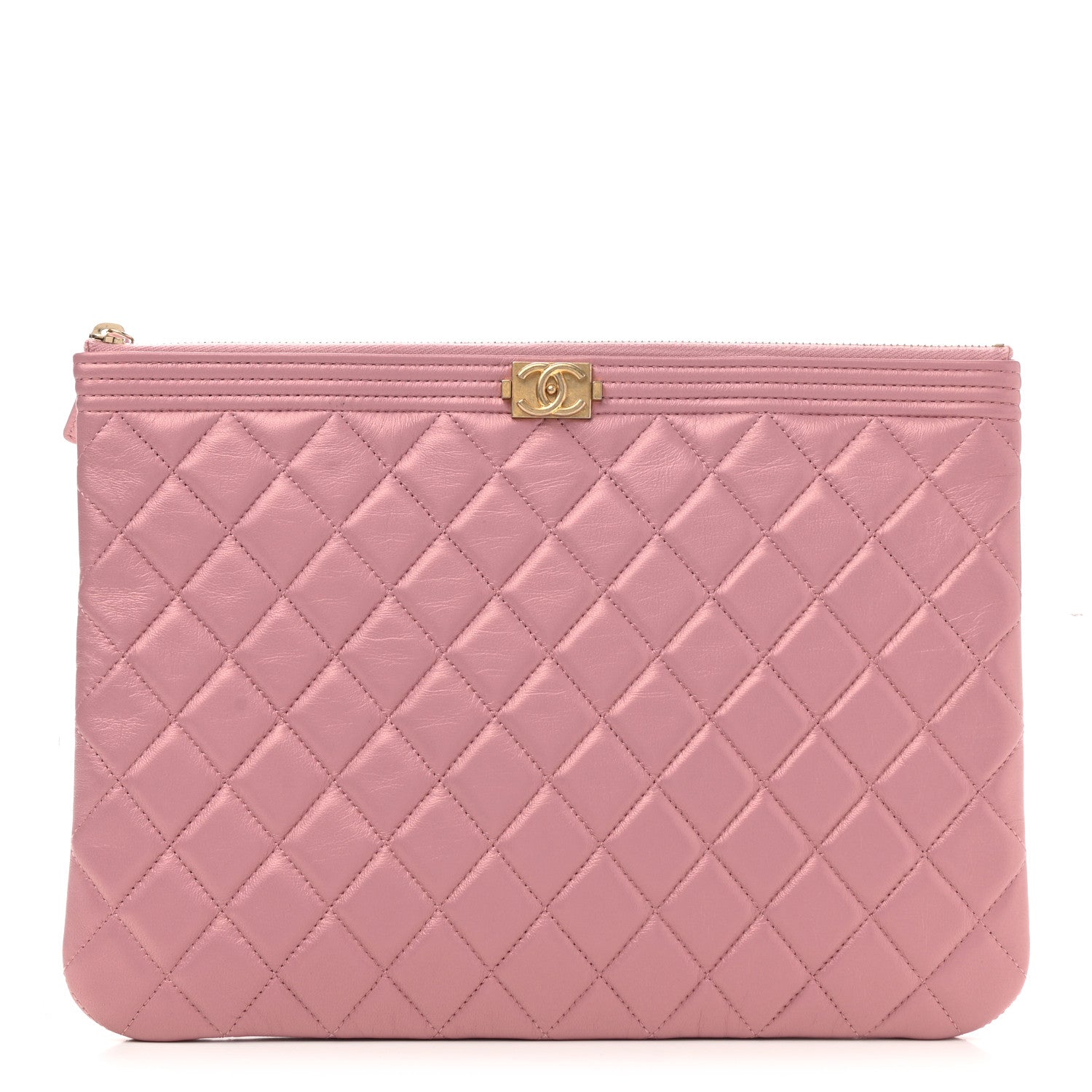 Chanel Metallic Lambskin Quilted Medium Boy Cosmetic Case Pink 1 of 7