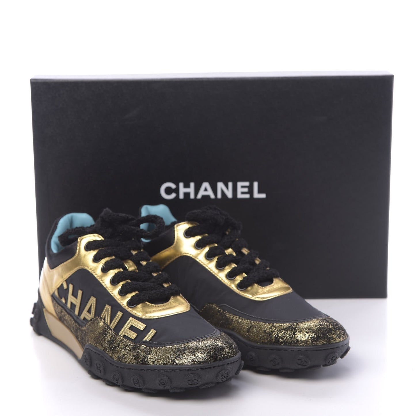 Metallic Lambskin Satin Finish Womens CC Sneakers 37.5 Black Gold