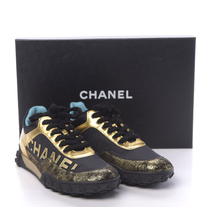 Chanel Metallic Lambskin Satin Finish Womens CC Sneakers 37.5 Black Gold 9 of 9