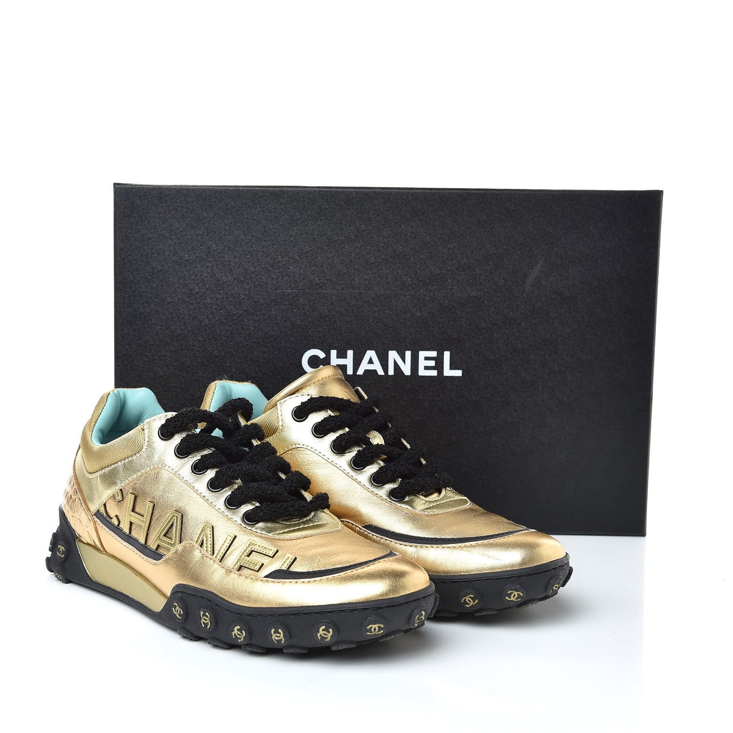 Metallic Lambskin Satin Finish CC Womens Sneakers 38 Gold