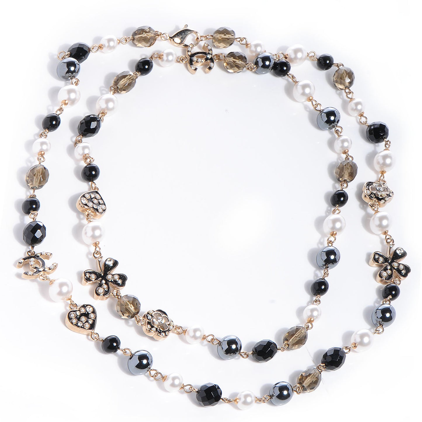 Pearl Crystal CC Beaded Lucky Charms Long Necklace Gold