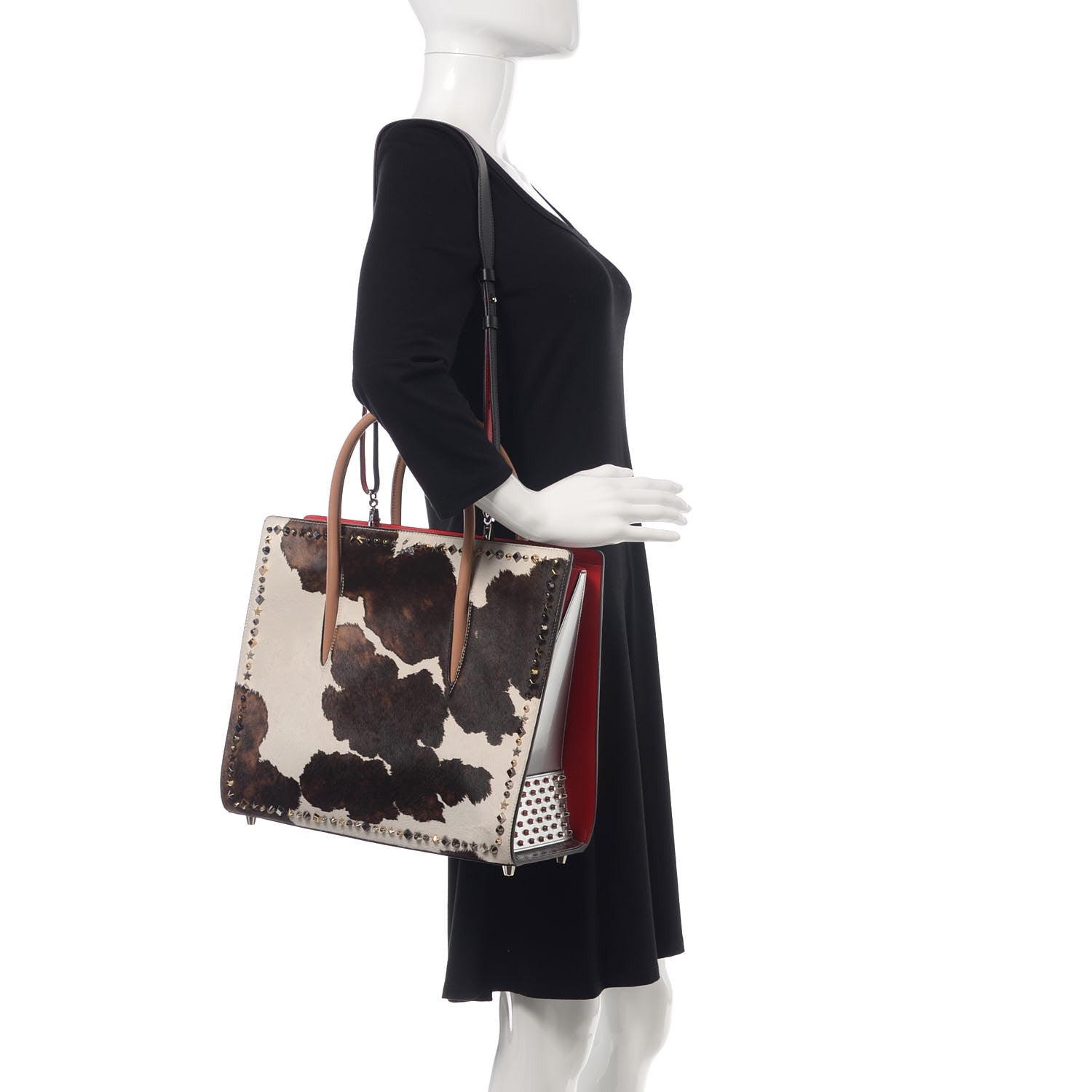 Christian Louboutin Calfskin Empire Pony Hair Cowboy Print Studded Large Paloma Brown Ivory 2 of 9
