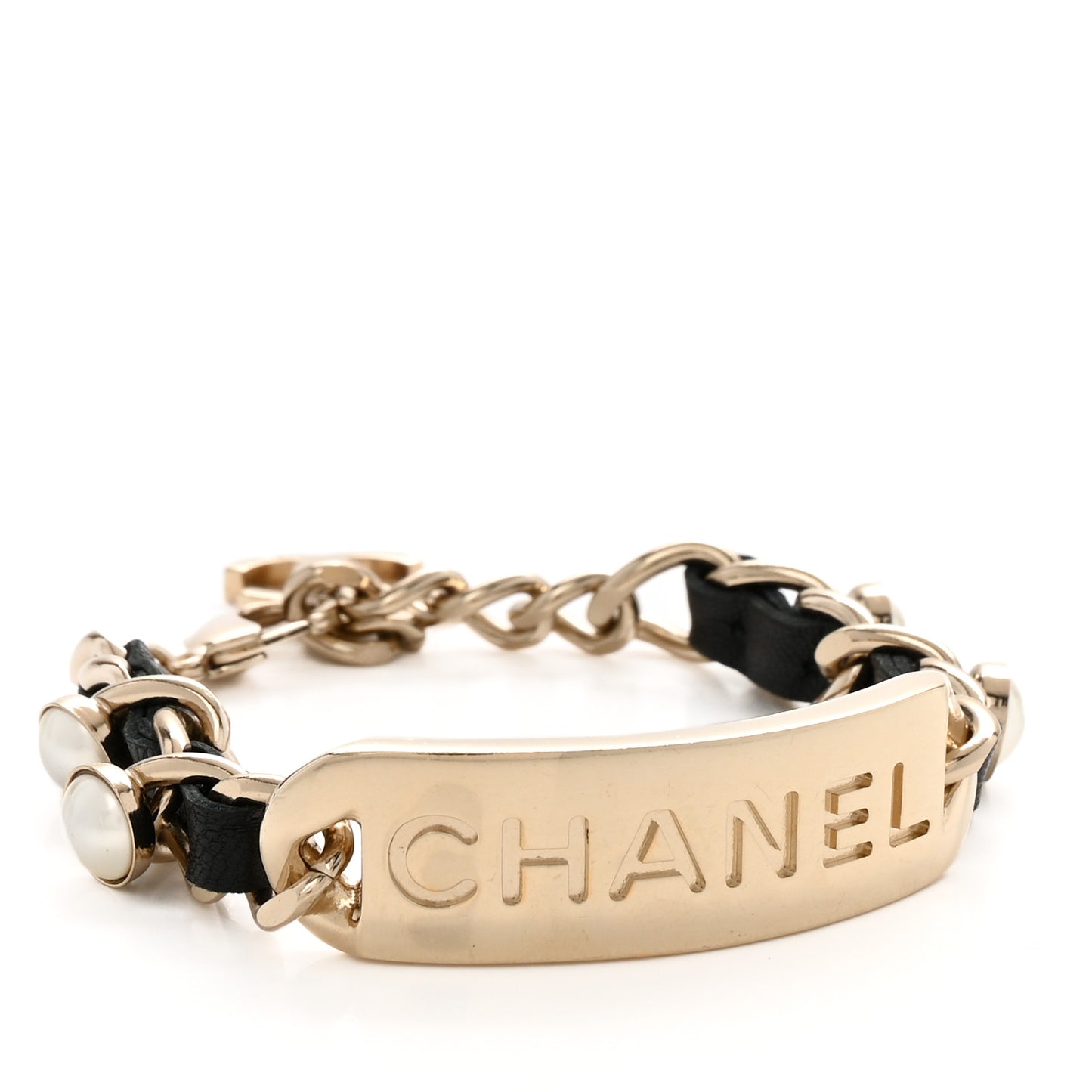 Metal Lambskin Pearl Name Plate Bracelet Black Gold
