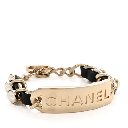 Chanel Metal Lambskin Pearl Name Plate Bracelet Black Gold 1 of 5