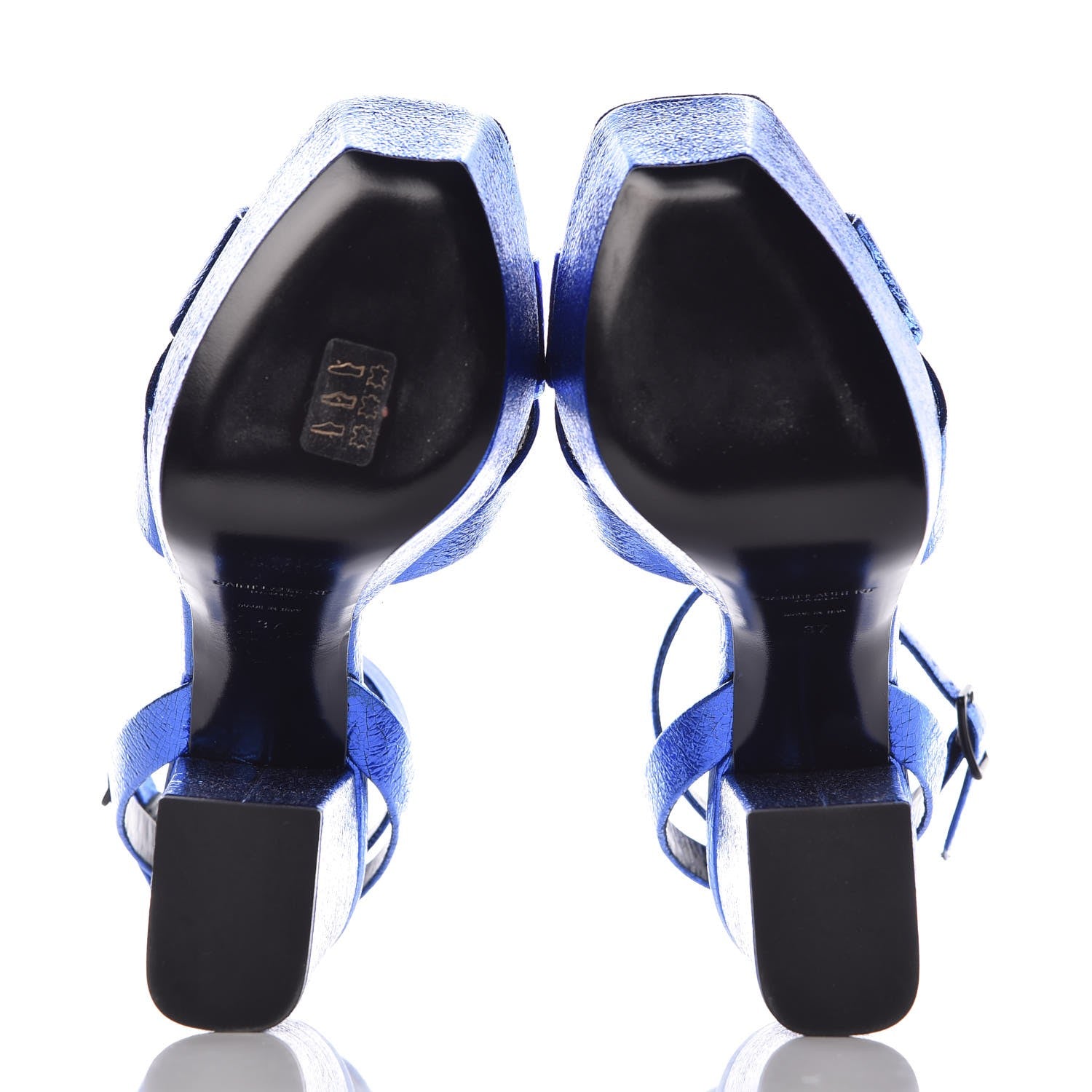 Saint Laurent Metallic Calfskin Farrah 80 Crisscross Platform Sandal 37 Blu 5 of 9