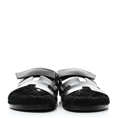 Hermes Calfskin Woolskin Womens Chypre Sandals 39.5 Black 2 of 9