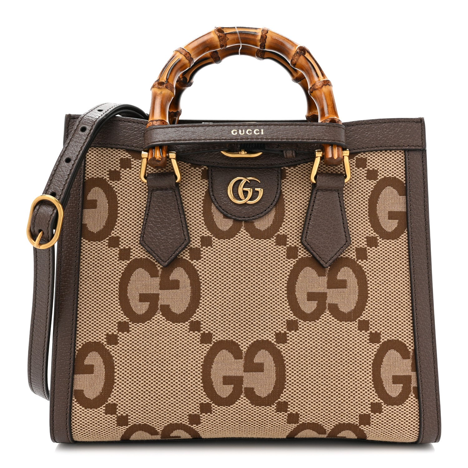 Gucci Monogram Jumbo GG Textured Dollar Calfskin Small Diana Tote Bag Camel Ebony New Acero 1 of 12
