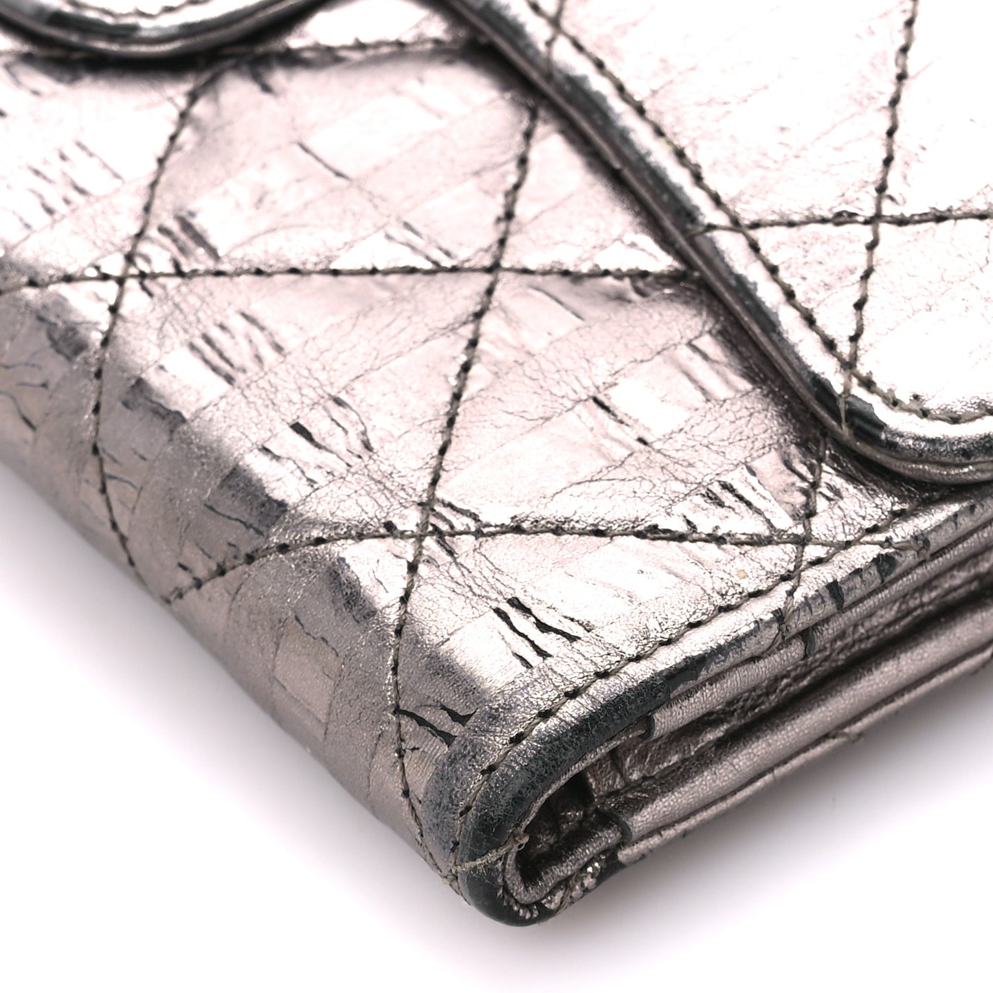 Metallic Calfskin Striped Quilted Reissue Flap Wallet Dark Silver