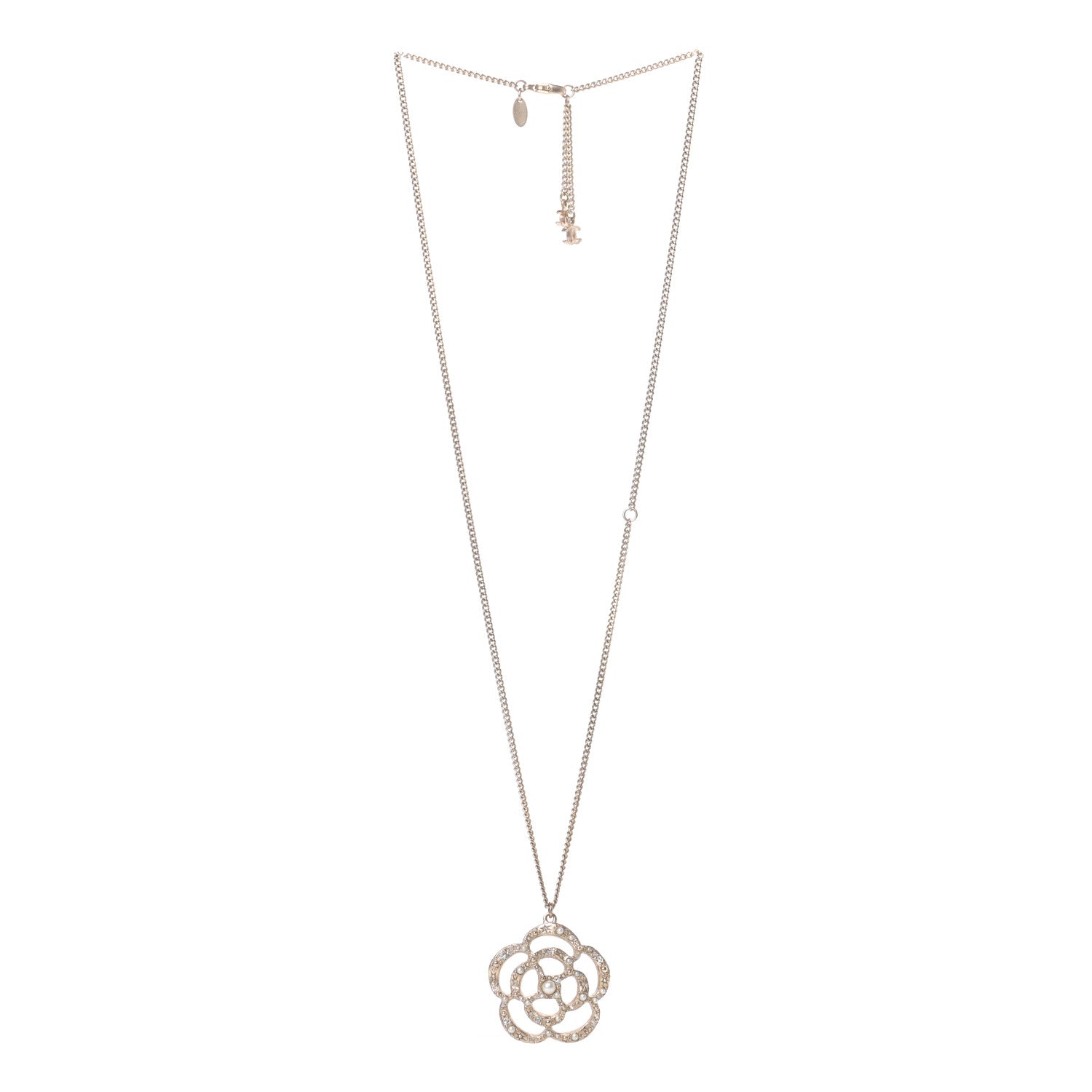 Chanel Crystal Pearl Camellia Necklace Gold 3 of 4