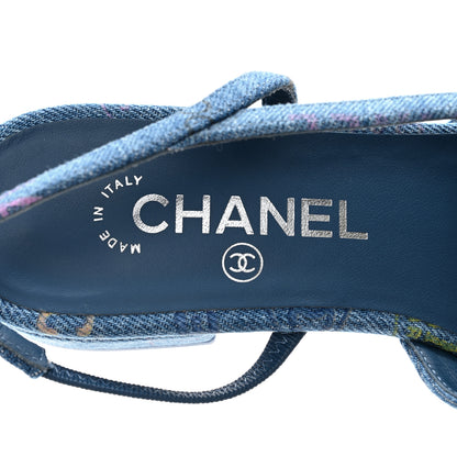 Chanel Denim Printed Denim Mood Cap Toe CC Slingback Flats 38 Light Blue Multicolor 8 of 10