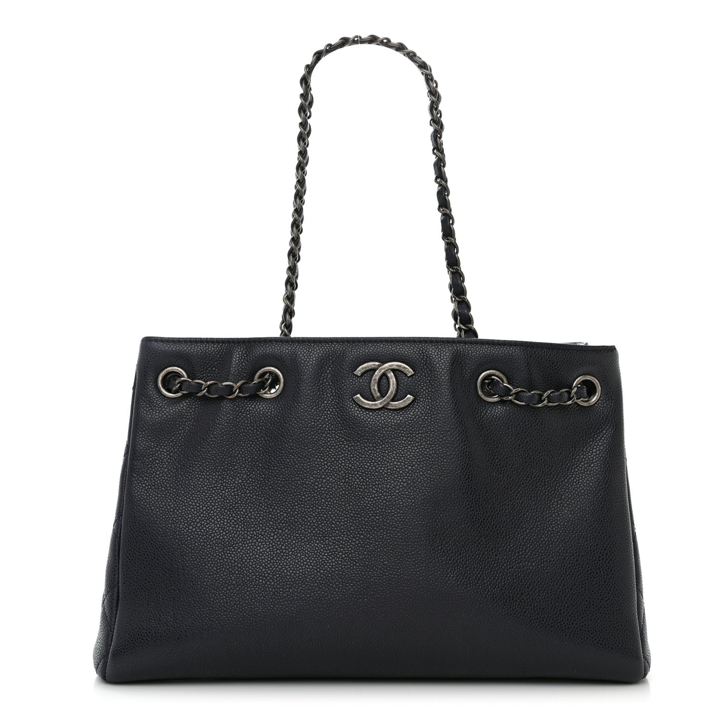 Metallic Grained Calfskin Woven Chain Medium Shopping Tote Dark Navy