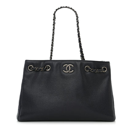 Chanel Metallic Grained Calfskin Woven Chain Medium Shopping Tote Dark Navy 1 of 10