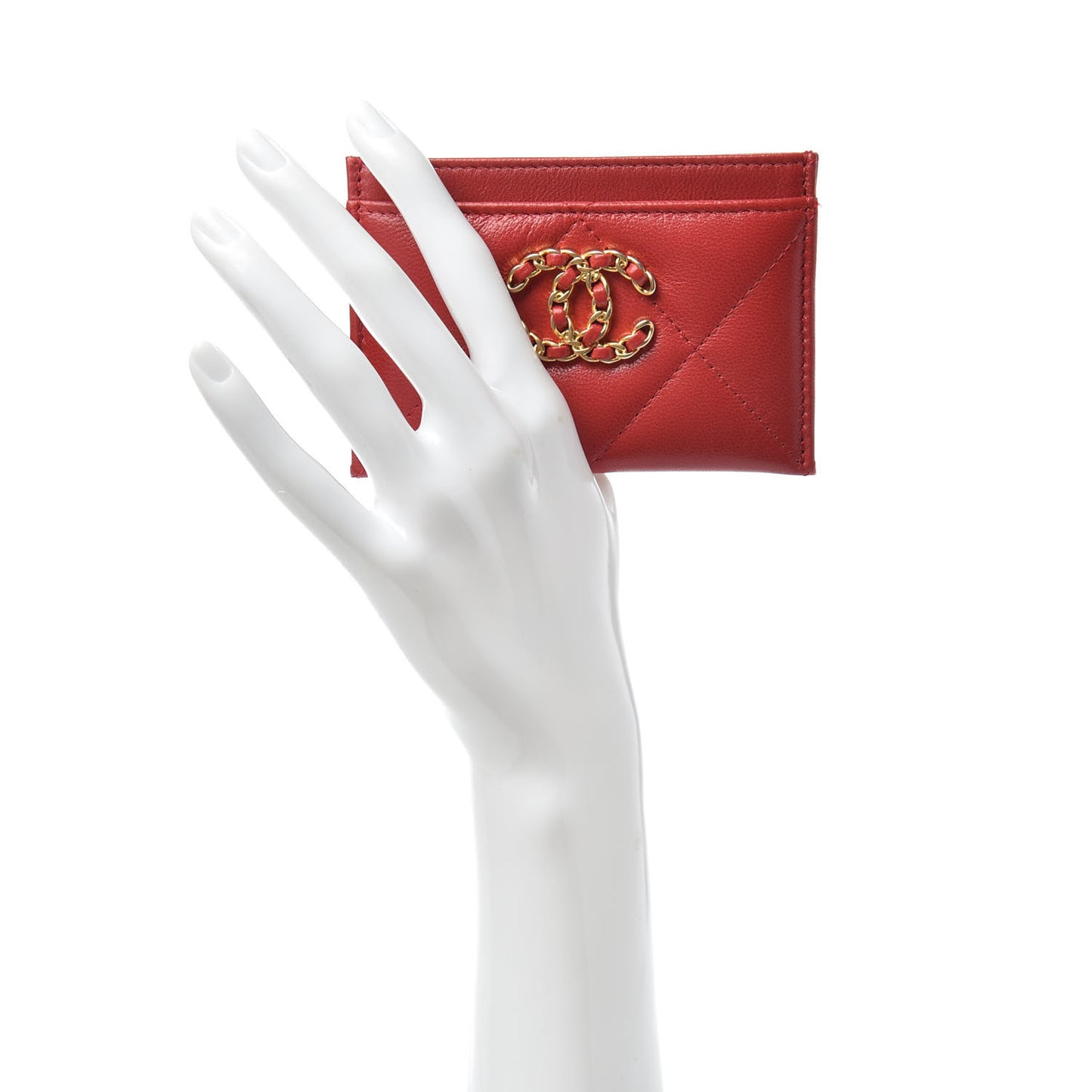Goatskin Quilted Chanel 19 Card Holder Red