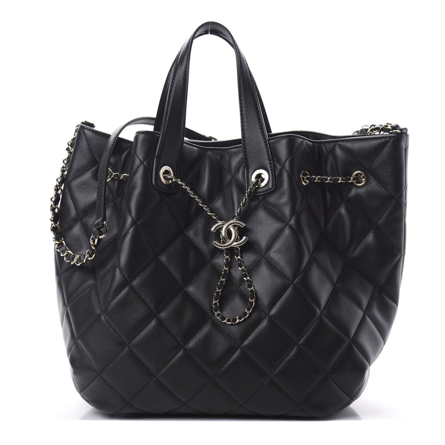 Lambskin Quilted CC Dweller Drawstring Tote Black