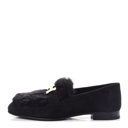 Hermes Mink Fur Suede Goatskin Paris Loafers 36.5 Black 1 of 11
