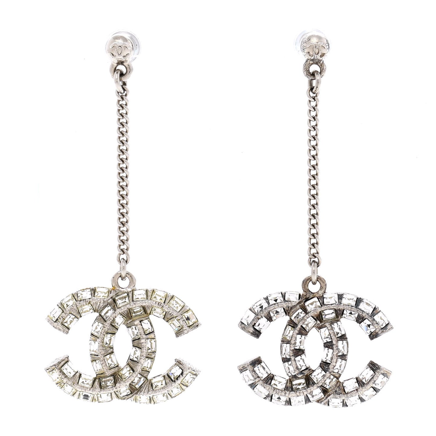 Baguette Crystal CC Drop Earrings Silver