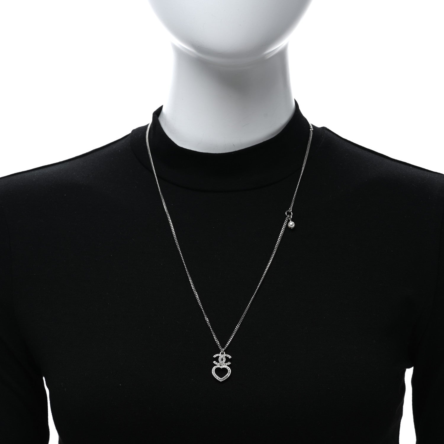 Chanel Crystal CC Heart Drop Chain Necklace Silver 3 of 5