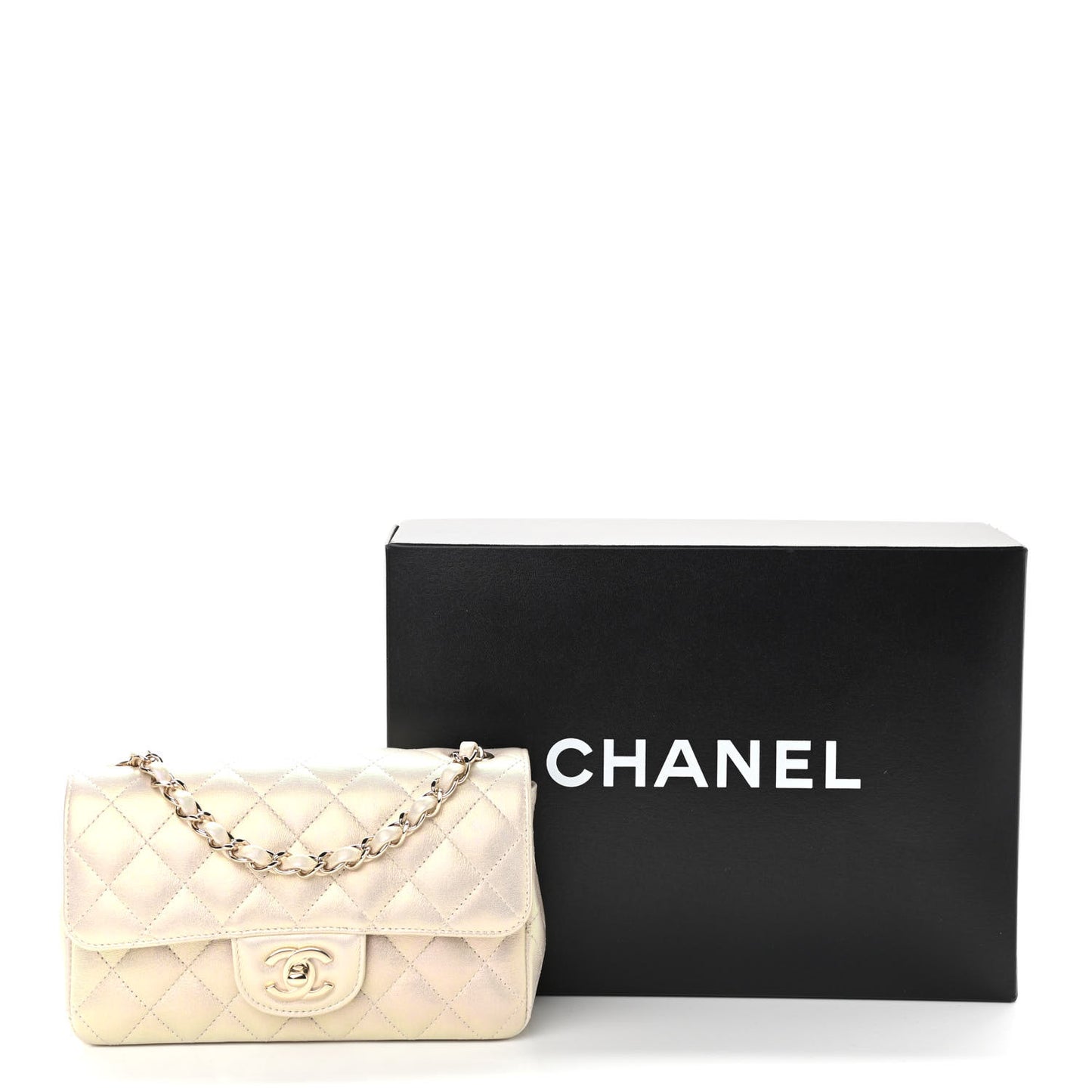 Iridescent Lambskin Quilted Mini Rectangular Flap Ivory