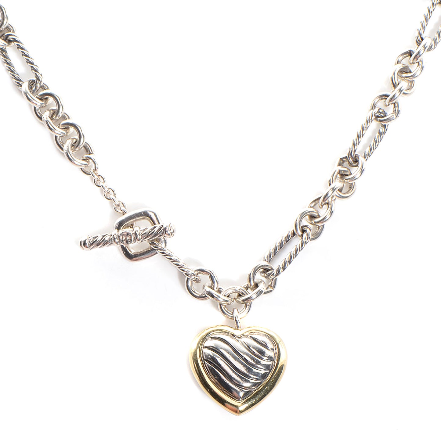Sterling Silver 18K Yellow Gold Cable Heart Figaro Necklace
