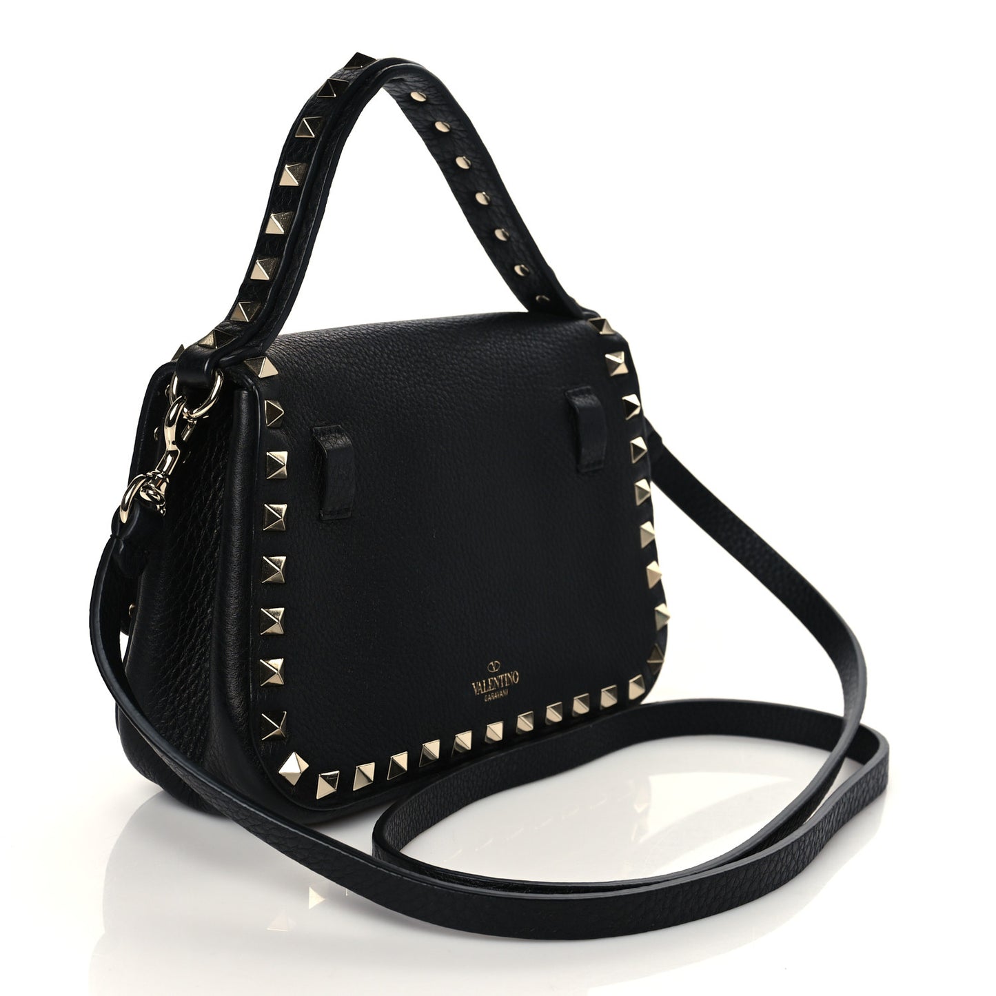 Grainy Calfskin Small Rockstud Top Handle Bag Black