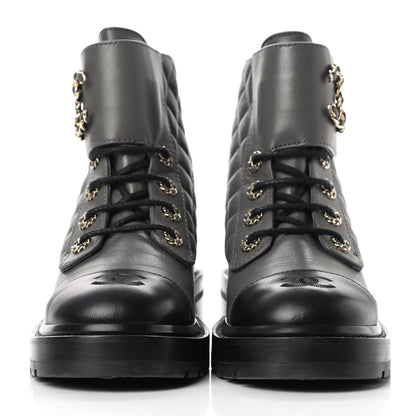 Chanel Shiny Lambskin Quilted Lace Up Combat Boots 37 Grey Black 2 of 9