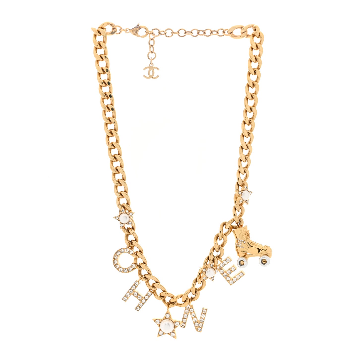 Crystal Pearl Star Rollerblade Logo Necklace Gold