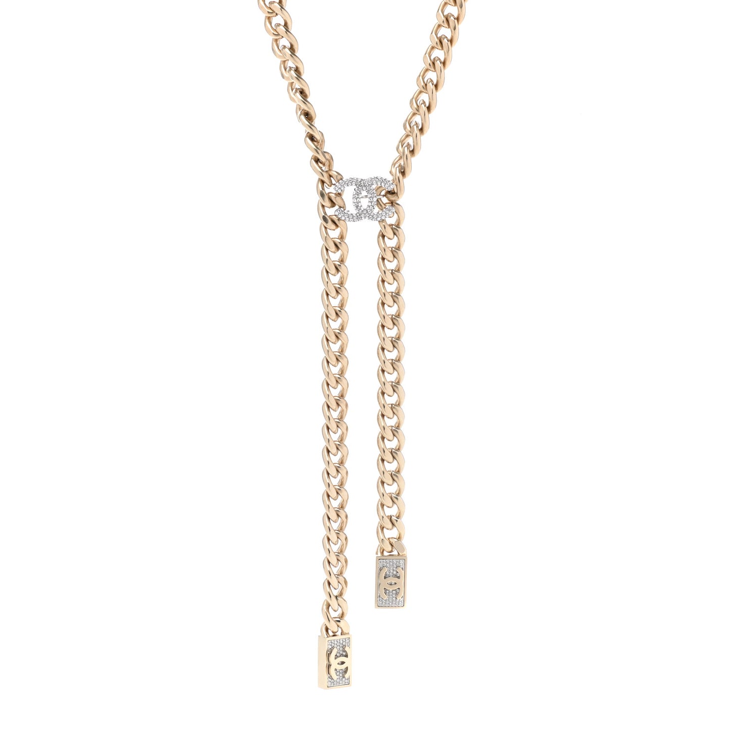 Chain Link Crystal CC Dog Tag Charm Necklace Gold
