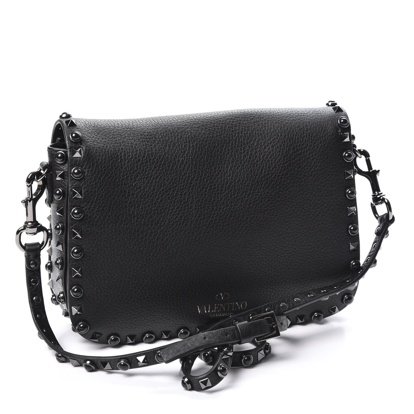 Pebbled Calfskin Onyx Medium Rockstud Rolling Flap Saddle Bag Black