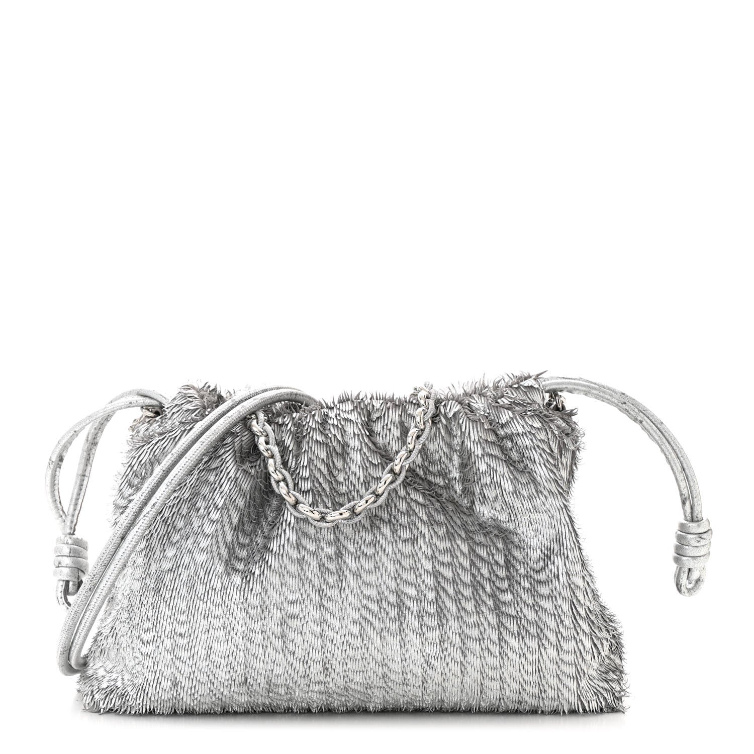 Loewe Metallic Nappa Calfskin Fringed Medium Chain Flamenco Knot Purse Silver 1 of 12