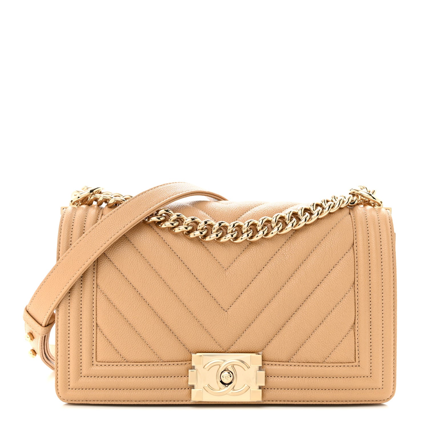 Chanel Caviar Chevron Quilted Medium Boy Flap Dark Beige 1 of 11