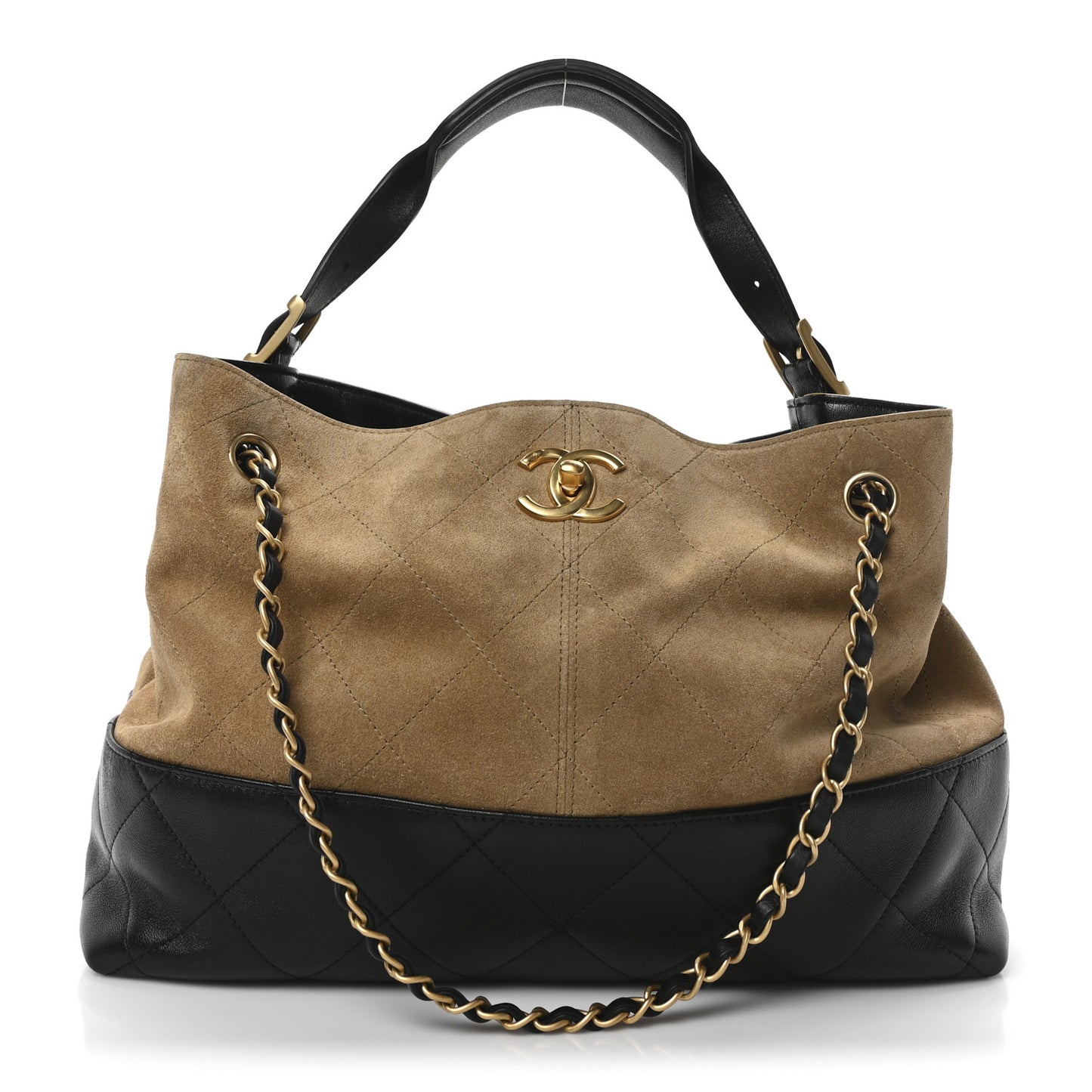 Suede Calfskin Shiny Lambskin Quilted Small Coco Base Shopping Bag Beige Black