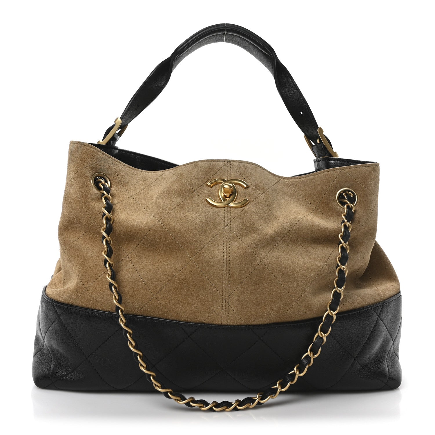 Chanel Suede Calfskin Shiny Lambskin Quilted Small Coco Base Shopping Bag Beige Black 1 of 11
