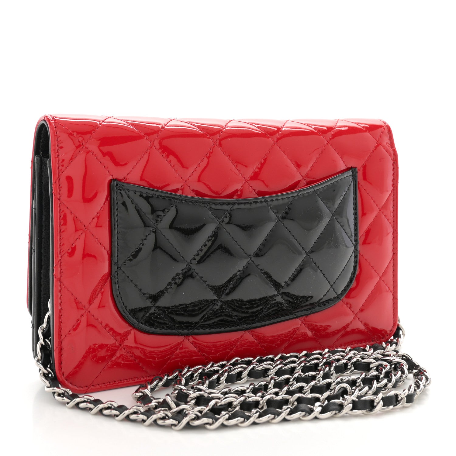 Chanel Patent Quilted Bi-Color Wallet On Chain WOC Red Black 3 of 12