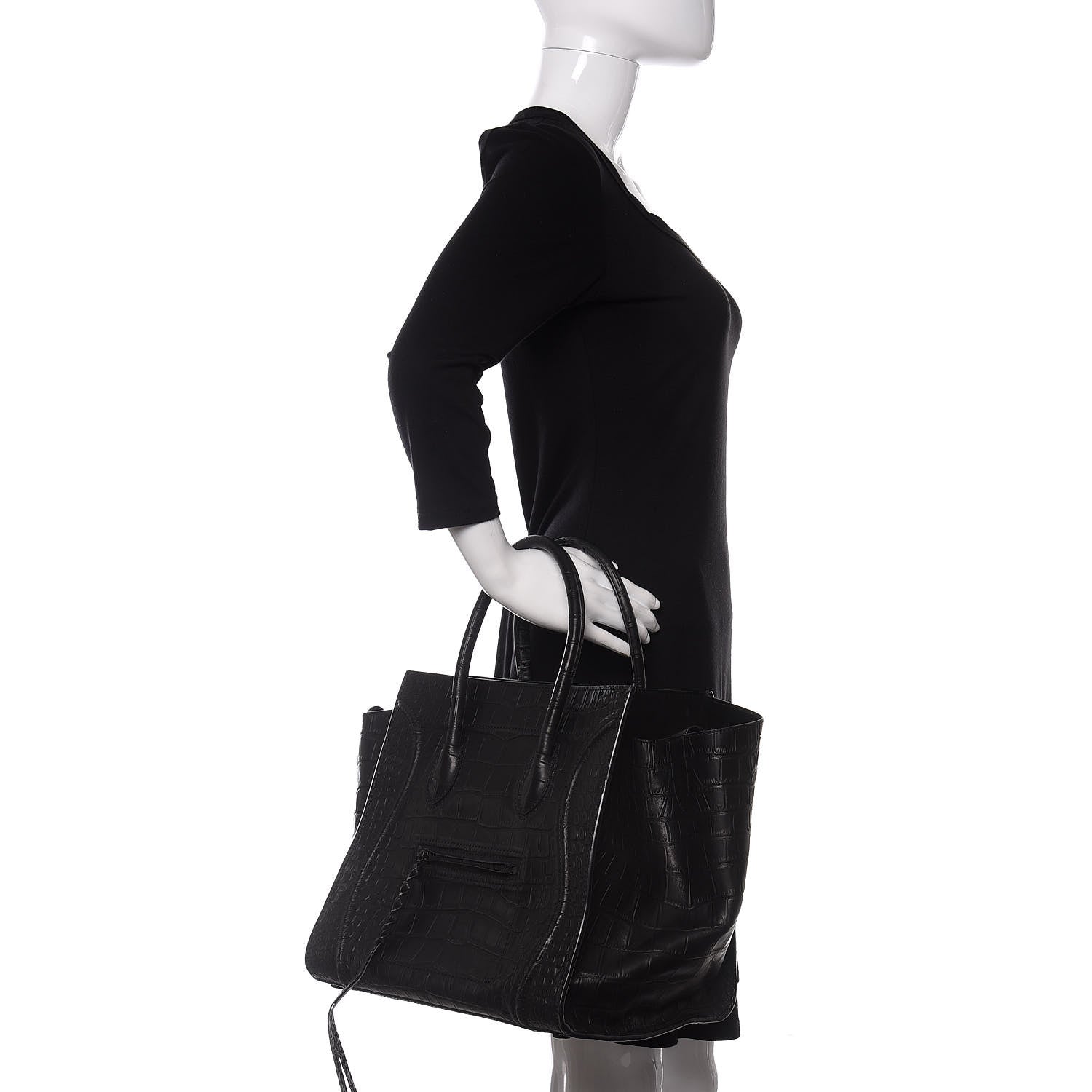 Celine Crocodile Embossed Calfskin Medium Phantom Luggage Black 2 of 9