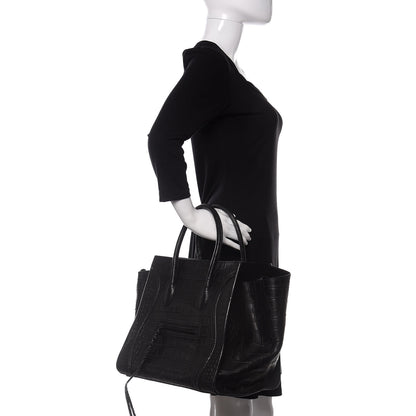 Celine Crocodile Embossed Calfskin Medium Phantom Luggage Black 2 of 9