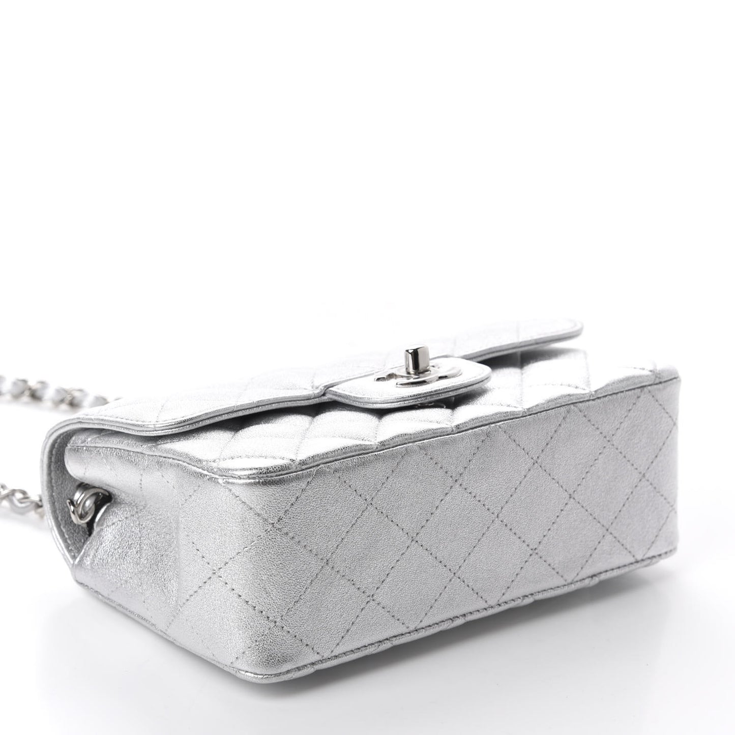 Metallic Lambskin Quilted Mini Rectangular Flap Silver